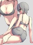  1girl ass back bare_arms bare_shoulders barefoot bra breasts cleavage collarbone from_behind green_eyes grey_background grey_bra grey_hair grey_shorts highres kusunoki_suzu large_breasts looking_at_viewer looking_back multiple_views nasubi_(w.c.s) navel original short_hair short_shorts shorts simple_background sitting sketch stomach thighs underwear 