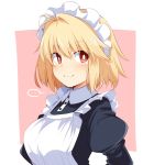  1girl antenna_hair arcueid_brunestud bangs black_dress blonde_hair blush breasts chata_maru_(irori_sabou) commentary_request dress eyebrows_visible_through_hair highres large_breasts looking_at_viewer maid maid_dress maid_headdress pink_background puffy_sleeves red_eyes short_hair simple_background skirt smile solo sweater tsukihime two-tone_background white_background 