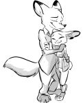  2016 barefoot canid canine clothed clothing dipstick_ears disney eyes_closed fox fully_clothed fur judy_hopps lagomorph leporid mammal monochrome multicolored_ears nick_wilde rabbit red_fox simple_background smile standing toxoglossa white_background zootopia 