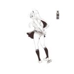  1girl breasts character_request chinese_text ejami greyscale long_hair monochrome panties simple_background skirt socks solo translation_request underwear white_background 