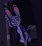  2020 abs anthro black_stripes clothed clothing disney door ear_markings facial_markings head_markings hi_res inside jack_savage lagomorph leporid looking_at_viewer male mammal markings open_shirt rabbit shirt smile solo stripes theblueberrycarrots topwear zootopia 