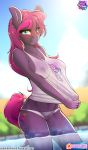  2016 anthro blue_eyes blurred_background blush clothed clothing cutie_mark darkhazard earth_pony equid equine eyelashes fan_character female hi_res horse looking_at_viewer mammal my_little_pony nipple_outline outside partially_submerged patreon pony shampoo_(oc) smile solo text translucent translucent_clothing url water wet 