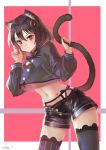 1girl :3 animal_ears bangs black_legwear black_shirt black_shorts brown_hair cat_ears cat_girl cat_tail closed_mouth commentary_request cowboy_shot crop_top crop_top_overhang dutch_angle ear_piercing garter_straps hair_between_eyes heart highres long_sleeves looking_at_viewer midriff mismatched_legwear nail_polish navel open_fly original piercing pink_nails puffy_long_sleeves puffy_sleeves red_eyes saraki shirt short_hair short_shorts shorts signature solo striped striped_legwear tail tail_grab v-shaped_eyebrows vertical-striped_legwear vertical_stripes 