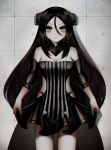  1girl black_hair breasts cleavage dreamer_(girls_frontline) dress expressionless girls_frontline hip_vent long_hair looking_at_viewer medium_breasts pale_skin sangvis_ferri sepia545 skirt skirt_lift solo very_long_hair yellow_eyes 