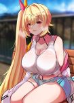  10eki_(tenchou) 1girl absurdres bench blonde_hair blue_shorts blurry blurry_background breasts breath cleavage commentary_request hair_intakes hair_ornament hair_ribbon highres hoshikawa_sara jacket jacket_removed jewelry large_breasts navel necklace nijisanji open_mouth orange_eyes outdoors park_bench ponytail railing ribbon short_shorts shorts side_ponytail sitting solo sweat tank_top thigh_strap thighs wet white_jacket white_tank_top x_hair_ornament 