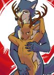 2020 anthro anthro_on_anthro antlers beastars brown_body brown_eyes brown_fur canid canine canis cervid covering covering_crotch fur grey_body grey_fur horn legoshi_(beastars) looking_at_viewer louis_(beastars) male male/male mammal nude protective scar standing stern toxoglossa wolf 