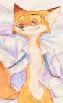  anthro bird&#039;s-eye_view canid canine cheek_tuft clothed clothing dipstick_ears disney facial_tuft featureless_crotch fox fur green_eyes hi_res high-angle_view lying mammal multicolored_ears nick_wilde on_back open_shirt orange_body orange_fur painting_(artwork) red_fox shirt smile solo strawberry628_(artist) topwear traditional_media_(artwork) tuft watercolor_(artwork) zootopia 