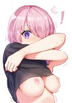  ! /\/\/\ 1girl a_dream absurdres blush breasts commentary_request eyebrows_visible_through_hair fate/grand_order fate_(series) hair_over_one_eye highres looking_at_viewer mash_kyrielight medium_breasts nipples pink_hair purple_eyes short_hair simple_background solo surprised sweat undressing upper_body white_background 
