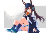  1girl :o absurdres amiya_(arknights) animal_ear_fluff animal_ears arknights ascot bag baseball_cap black_coat black_hair black_neckwear blue_choker blue_eyes blue_footwear blue_headwear brown_hair bunny_ears bunny_girl choker clothes_writing coat commentary_request ears_through_headwear food food_on_face full_body grey_background hair_between_eyes hamburger hat headphones highres holding holding_food jewelry kneehighs knees_up long_sleeves looking_at_viewer open_clothes open_coat open_mouth panties pantyshot ponytail ring shirt shoes shoulder_bag sidelocks sitting solo thighlet thighs u-st_(uweiter) underwear white_shirt 