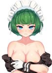  1girl areolae bangs blue_eyes blunt_bangs blush braid breasts collarbone crown_braid dress_pull ett01024 eyebrows_visible_through_hair frilled_sleeves frills frown gloves green_hair highres large_breasts last_origin looking_at_viewer maid maid_headdress puffy_short_sleeves puffy_sleeves short_hair short_sleeves solo vanilla_a1 white_gloves wrist_cuffs 