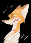  black_background canid canine clothed clothing disney english_text fox fur green_eyes hi_res kiss_mark licking licking_lips mammal nick_wilde orange_body orange_fur painting_(artwork) red_fox side_view simple_background strawberry628_(artist) text tongue tongue_out traditional_media_(artwork) watercolor_(artwork) zootopia 