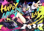  1girl 2020 :o animal_ears belt black_hair black_legwear black_shirt black_shorts breasts crop_top cropped_jacket fangs graffiti happy_new_year headphones headphones_around_neck highres hood hooded_jacket jacket long_sleeves looking_at_viewer medium_breasts midriff mouse_ears nasubi_(w.c.s) new_year open_mouth original outstretched_arm ribbed_legwear shirt short_hair short_shorts shorts skateboard socks solo thighs white_jacket yellow_eyes 