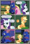  absurd_res applejack_(mlp) blonde_hair clothing comic dialogue english_text equid female feral friendship_is_magic group gutovi-kun hair hat headgear headwear hi_res mammal my_little_pony orange_body princess_luna_(mlp) rarity_(mlp) text window 