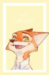  2020 canid canine cheek_tuft clothed clothing disney english_text facial_tuft fox fur green_eyes hi_res mammal neck_tuft nick_wilde open_mouth open_smile orange_body orange_fur painting_(artwork) red_fox shirt simple_background smile strawberry628_(artist) text topwear traditional_media_(artwork) tuft watercolor_(artwork) yellow_background zootopia 