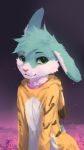  2018 9:16 anthro blue_body blue_fur cheek_tuft clothed clothing facial_tuft fully_clothed fur green_eyes head_tuft hi_res kadrion kigurumi lagomorph leporid mammal pink_nose rabbit smile solo tuft white_body white_fur 