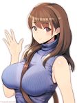  1girl absurdres anegasaki_nene bag bangs between_breasts blue_sweater blush breasts brown_hair closed_mouth commentary_request eyebrows_visible_through_hair hand_up highres large_breasts long_hair looking_at_viewer love_plus masaoka_misaki mole mole_under_eye purple_eyes shoulder_bag sleeveless sleeveless_turtleneck smile solo strap_between_breasts sweater turtleneck turtleneck_sweater twitter_username upper_body waving 