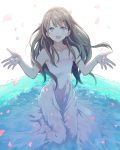  1girl :d atelier_(series) atelier_totori brown_hair collarbone dress grey_eyes highres long_hair looking_at_viewer maromi_(am97) open_mouth petals simple_background smile solo totooria_helmold white_background white_dress 