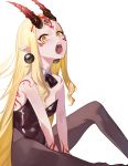  1girl absurdres bare_shoulders black_legwear black_leotard blonde_hair bow bowtie breasts detached_collar earrings facial_mark fangs fate/grand_order fate_(series) forehead forehead_mark hair_pulled_back highleg highleg_leotard highres horns ibaraki_douji_(fate/grand_order) jewelry knee_up leotard long_hair looking_at_viewer oni oni_horns open_mouth pantyhose pointy_ears short_eyebrows simple_background sitting small_breasts solo ssangbong-llama tattoo teeth thighs white_background yellow_eyes 