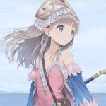  1girl atelier_(series) atelier_totori bag blue_eyes blue_jacket brown_bag brown_hair cloud collarbone frills hat highres jacket long_hair looking_away ocean pink_shirt razi shirt sky solo totooria_helmold upper_body 