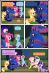  absurd_res applejack_(mlp) blonde_hair clothing comic dialogue english_text equid female feral fluttershy_(mlp) friendship_is_magic group gutovi-kun hair hat headgear headwear hi_res mammal my_little_pony orange_body pinkie_pie_(mlp) princess_luna_(mlp) rainbow_dash_(mlp) rarity_(mlp) text twilight_sparkle_(mlp) window 