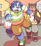  2020 anthro blue_body blue_fur bottomwear brown_body brown_fur canid canine canis clothed clothing cute_fangs detailed_background domestic_dog duo eyes_closed fur humanoid_hands kemono male mammal misterdonn outside shirt shorts slightly_chubby topwear 