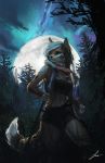  2019 absurd_res anthro breasts brown_body brown_fur canid canine clothed clothing detailed_background dipstick_tail female forest fox fully_clothed fur hi_res inner_ear_fluff kadrion light lighting mammal markings midriff moon multicolored_tail navel outside sky solo tree tuft white_body white_fur 