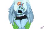  3:2 anthro blue_body blush clothed clothing equid equine eyes_closed female friendship_is_magic hair hi_res mammal mature_female my_little_pony orange_hair pterippus solo thick_thighs wide_hips windy_whistles_(mlp) wings wolfmask 