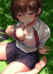  1girl bangs barefoot black_skirt blush bra breasts brown_hair cleavage collarbone collared_shirt dappled_sunlight day dress_shirt eating eyebrows_visible_through_hair food food_in_mouth from_above grass kase_daiki legwear_removed long_sleeves looking_at_viewer medium_breasts melting miniskirt mole mole_on_breast mouth_hold on_grass on_ground open_clothes open_shirt original outdoors partially_unbuttoned pleated_skirt popsicle red_bra red_eyes revision shirt short_hair sitting skirt soles solo sunlight sweat toes underwear undressing wariza wing_collar 