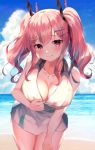  1girl :q azur_lane bangs bare_shoulders beach blue_sky bow breasts bremerton_(azur_lane) bremerton_(scorching-hot_training)_(azur_lane) cloud collarbone collared_shirt commentary_request cowboy_shot day grey_hair hair_between_eyes hair_bow hair_ornament hairclip heart heart_necklace hinaki_(hinaki_0102) large_breasts leaning_forward long_hair miniskirt mole mole_under_eye multicolored_hair ocean outdoors partial_commentary pink_hair pleated_skirt shirt skirt sky sleeveless sleeveless_shirt smile solo sportswear standing streaked_hair sweat tennis_uniform thighs tongue tongue_out twintails two-tone_hair two-tone_shirt two-tone_skirt wet wet_clothes x_hair_ornament 