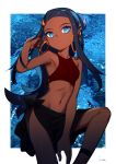 1girl arm_up armpits bare_shoulders black_hair blue_eyes breasts dark_skin earrings expressionless forehead groin hair_ornament highres hoop_earrings jewelry leg_strap long_hair looking_at_viewer midriff navel pokemon pokemon_(game) pokemon_swsh rurina_(pokemon) sarong shamonabe small_breasts solo swimsuit thighs very_long_hair 