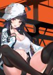  1girl :d absurdres ahoge belt black_legwear blush breasts cleavage commentary_request fangs hat highres indian_style jacket kakeru_(kakeru) long_hair looking_at_viewer midriff mole mole_on_breast mole_under_eye navel open_mouth original shorts sitting smile solo thighhighs 
