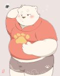  2020 absurd_res anthro belly blush bottomwear bulge clothing fur hi_res humanoid_hands kemono kwzu male mammal overweight overweight_male polar_bear shirt shorts simple_background solo topwear ursid ursine white_body white_fur 