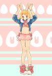  1girl animal_ears arms_up bangs blonde_hair blue_eyes blue_jacket bracelet bunny_ears commentary easter_egg egg frilled_shorts frills full_body hair_ornament hairclip highres jacket jewelry kagamine_rin large_shoes looking_at_viewer neck_ribbon remokurin ribbon shoes short_hair short_shorts shorts sneakers solo standing strapless striped striped_background striped_ribbon swept_bangs translucent tubetop vocaloid 