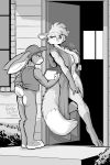  2020 2:3 anthro baseball_cap big_breasts bottomless breasts building canid canine clothed clothing countershading dipstick_tail door duo ears_back female fox gloves_(marking) greyscale half-closed_eyes hand_on_breast hand_on_thigh hat headgear headwear hi_res holding_object house lagomorph larger_female leaning leaning_back leg_markings leporid looking_down male mammal markings monochrome multicolored_tail narrowed_eyes open_door open_robe outside pivoted_ears predator/prey rabbit rick_griffin robe seductive size_difference smaller_male smile socks_(marking) standing tablet topwear vest 