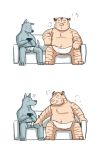 2014 anthro balls barely_visible_balls barely_visible_genitalia belly blush canid canine clothing duo felid furniture genitals humanoid_hands male male/male mammal nissei_(artist) pantherine simple_background sitting slightly_chubby sofa tiger tongue tongue_out towel underwear 