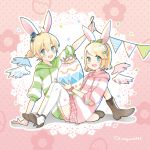  1boy 1girl animal_ears bangs binchou_maguro blonde_hair blue_eyes bow bunny_ears commentary crown easter easter_egg egg floral_print green_bow hair_bow hair_ornament hairband hairclip hat highres holding_egg hood hoodie kagamine_len kagamine_rin knees_up lace_background looking_at_viewer mini_hat open_mouth polka_dot polka_dot_background short_ponytail sitting smile string_of_flags striped_hoodie swept_bangs thighhighs twitter_username vocaloid white_legwear wings 