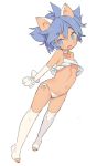 1girl animal_ears antenna_hair armpits asymmetrical_clothes bare_shoulders blade_(galaxist) blue_eyes blue_hair breasts cat_ears collarbone copyright_request elbow_gloves fang full_body gloves looking_at_viewer messy_hair midriff navel panties paw_gloves paws ribbon side-tie_panties single_strap small_breasts solo standing stomach tareme thighhighs toeless_legwear toes underboob underwear white_gloves white_panties white_ribbon 
