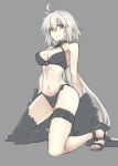  10mo 1girl ahoge bangs bikini black_bikini black_footwear black_jacket black_legwear closed_mouth commentary fate/grand_order fate_(series) full_body grey_background highres jacket jeanne_d&#039;arc_(alter_swimsuit_berserker) jeanne_d&#039;arc_(fate)_(all) kneeling long_hair looking_at_viewer medium_hair navel o-ring o-ring_bikini off_shoulder sandals silver_hair simple_background single_thighhigh smile solo swimsuit thigh_strap thighhighs very_long_hair yellow_eyes 