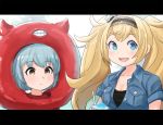  2girls alternate_costume bangs black_border blonde_hair blue_eyes blue_hair blush border breast_pocket brown_eyes closed_mouth empty_eyes enemy_lifebuoy_(kantai_collection) eyebrows_visible_through_hair gambier_bay_(kantai_collection) hair_ornament hairband highres kantai_collection long_hair mizuki_kyouto multiple_girls open_mouth pocket samuel_b._roberts_(kantai_collection) shaved_ice shinkaisei-kan short_hair short_sleeves simple_background teeth twintails upper_body 