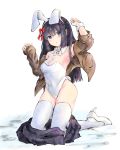  1girl absurdres animal_ears black_eyes black_hair black_skirt blazer bow bowtie brown_jacket bunny_ears bunny_girl bunny_tail bunnysuit detached_collar full_body high_heels highres jacket kneeling long_hair looking_at_viewer makinohara_shouko nyamnyam pleated_skirt red_neckwear seishun_buta_yarou simple_background skirt solo tail thighhighs white_background white_footwear white_legwear wrist_cuffs 