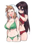  2girls abs bare_shoulders bikini black_eyes black_hair blush breasts brown_hair character_request cleavage closed_eyes closed_mouth cropped_legs curvy drying drying_hair fitness_(manga) green_bikini hair_between_eyes large_breasts long_hair multiple_girls navel ooshio7734 open_mouth plump purple_eyes red_bikini simple_background smile swimsuit towel wet white_background 