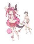  1boy 1girl alternate_costume ankle_ribbon aqua_eyes ball beachball bikini black_hair blade_(galaxist) elizabeth_bathory_(fate) elizabeth_bathory_(fate)_(all) fate/extra fate/extra_ccc fate/grand_order fate/zero fate_(series) gae_buidhe gae_dearg hat horns innertube lancer_(fate/zero) long_hair male_swimwear navel neck_ribbon pig pink_bikini pink_hair polearm ribbon see-through simple_background spear square_mouth standing sun_hat swim_briefs swimsuit swimwear tail weapon white_background 