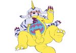  2020 absurd_res anthro balls blush cute_fangs digimon digimon_(species) erection gabumon genitals hi_res humanoid_genitalia humanoid_hands humanoid_penis kemono male nipples penis reddo12340 simple_background slightly_chubby solo white_background young 