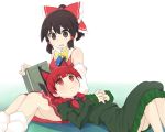  2girls animal_ears bare_shoulders black_bow black_hair bow braid brown_eyes cat_ears commentary_request dress green_dress hair_bow hakurei_reimu highres juliet_sleeves kaenbyou_rin lap_pillow long_sleeves looking_at_another multiple_girls open_mouth partial_commentary puffy_sleeves red_bow red_eyes red_hair sitting touhou twin_braids yuri zuttokodomo 