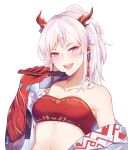 1girl :d absurdres ardi_rayhan arknights bandeau bangs bare_shoulders blush braid breasts collarbone commentary half_updo hand_up head_tilt highres holding horns jacket long_hair looking_at_viewer medium_breasts midriff nian_(arknights) off_shoulder open_clothes open_jacket open_mouth pointy_ears purple_eyes silver_hair simple_background single_braid smile solo strapless tubetop upper_body white_background white_jacket 
