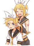  1boy 1girl bangs bangs_pinned_back bare_shoulders black_collar black_shorts black_sleeves blonde_hair blue_eyes bow closed_eyes collar crop_top cropped_torso detached_sleeves fang hair_bow hair_ornament hairband hairclip hairdressing headphones highres kagamine_len kagamine_rin light_blush looking_at_another m0ti neckerchief necktie open_mouth sailor_collar school_uniform shirt short_hair short_shorts short_sleeves shorts shoulder_tattoo sleeveless sleeveless_shirt smile spiked_hair sweat swept_bangs tattoo upper_body vocaloid white_background white_bow white_shirt yellow_neckwear 