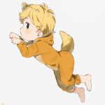  1boy animal_ears barefoot blonde_hair dog_boy dog_ears dog_tail feet from_side full_body green_eyes highres looking_at_viewer male_focus original pajamas paw_pose solo tail thebrushking 