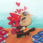  &lt;3 1:1 2020 ambient_arthropod ambient_butterfly ambient_fish ambient_insect ambient_sealife animal_crossing anthro arthropod beaver black_nose blue_eyes blush butterfly c.j._(animal_crossing) chameleon chibi clothed clothing duo_focus eyes_closed eyewear eyewear_on_head feral fish flick_(animal_crossing) group happy horn hug insect kaijukat lepidopteran lizard male male/male mammal marine nintendo pier piercing red_body reptile rodent scalie smile sparkles sunglasses sunglasses_on_head tan_body video_games water yellow_horn 