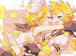  1boy 1girl aqua_neckwear arms_around_neck bangs bare_shoulders belt black_collar black_sleeves blonde_hair blue_eyes bow closed_eyes collar commentary crop_top detached_sleeves fang flower from_side grey_sleeves hair_bow hair_ornament hairclip half-closed_eyes headphones heart highres hug kagamine_len kagamine_rin light_blush looking_at_another nckkk necktie open_mouth sailor_collar school_uniform shirt short_hair short_ponytail short_sleeves sleeveless sleeveless_shirt smile speech_bubble spiked_hair spoken_heart swept_bangs upper_body vocaloid white_bow white_shirt yellow_neckwear 