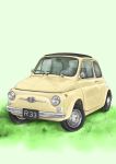  bosutonii car commentary_request fiat fiat_500 grass green_background ground_vehicle highres left-hand_drive license_plate lupin_iii motor_vehicle no_humans partial_commentary simple_background 